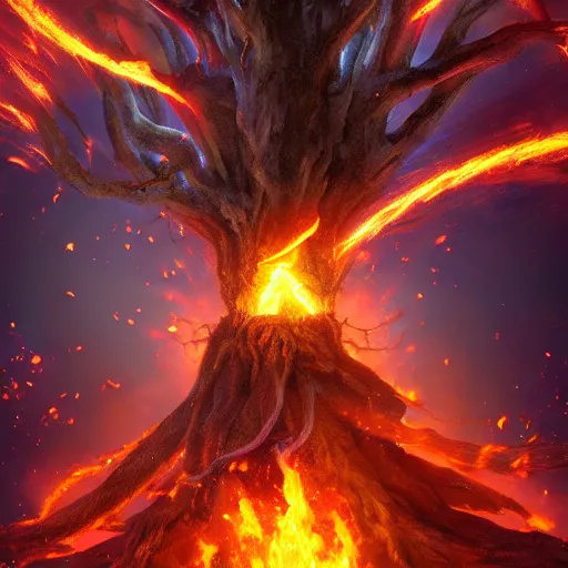 Prompt: novice magician, launches an immense fire ball into the world tree, epic, fantasy, digital art, cataclysmic, inferno, high detail, cinematic, 8 k