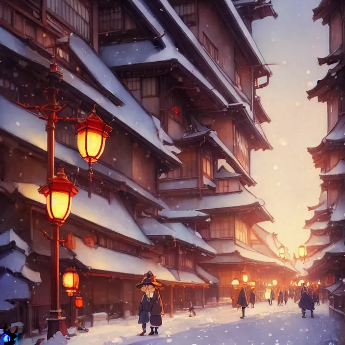 Prompt: japanese city, winter, in the style of studio ghibli, j. c. leyendecker, greg rutkowski, artem