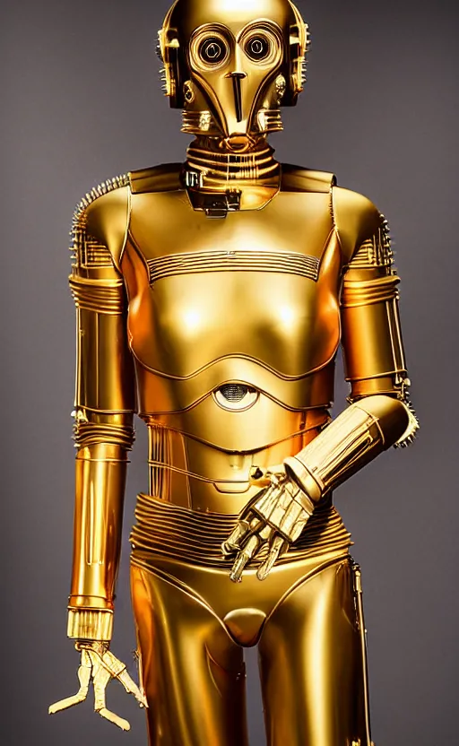 Image similar to female version of c 3 po, promotional photo, studio lighting