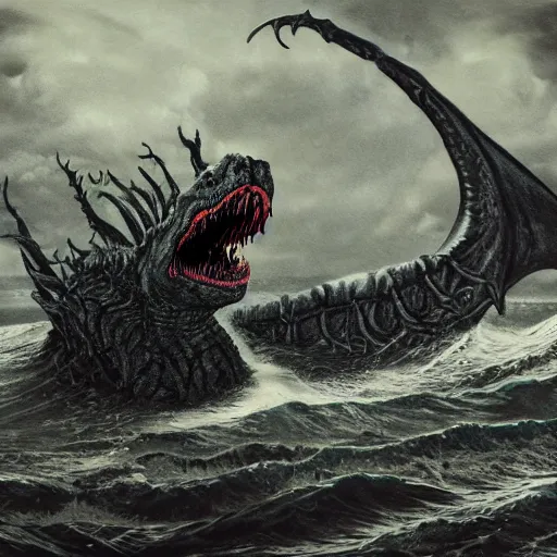 Prompt: Giant Sea Monster, gothic art, color, eerie, horror, scary, ominous, 8k, highly detailed