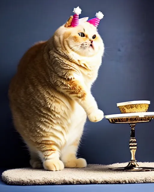 Prompt: Fluffy fat cat standing on two legs, wearing a crown, looking indignantly at the half-empty food bowl presented before her. Award-winning photograph, trending, funny, heartwarming
