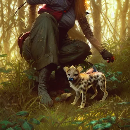 Image similar to photo of a hyenagirl feeds puppies in the forest, highly detailed, digital painting, artstation, smooth, sharp focus, illustration, art by artgerm and greg rutkowski and alphonse mucha