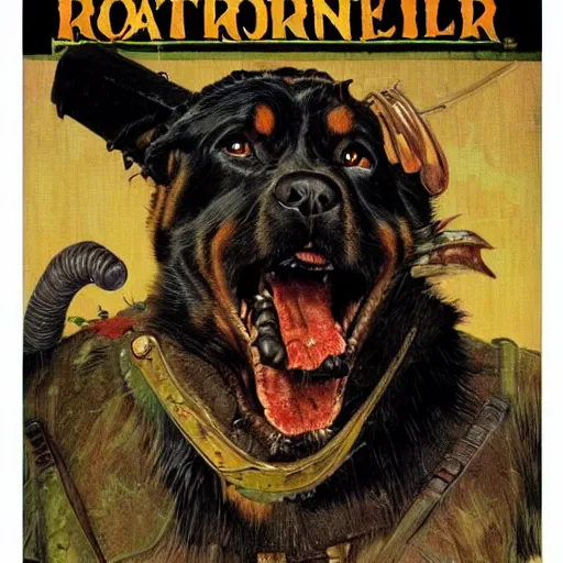 Prompt: grinning rottweiler barbarian, fantasy warrior, drooling, ultra detailed, 4 k, style of norman rockwell, style of richard corben.