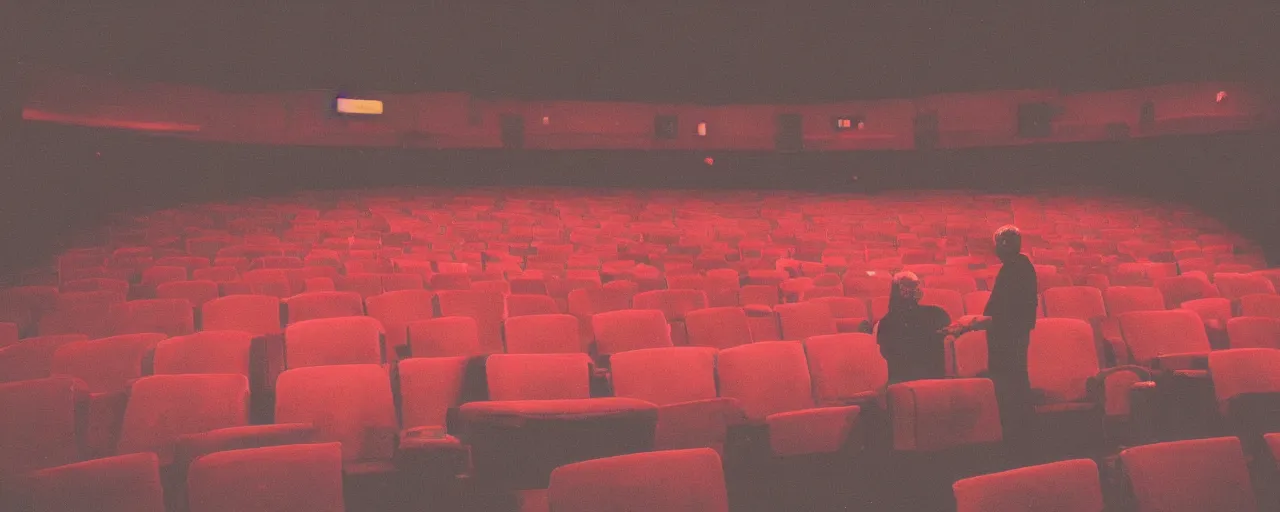 Image similar to Two male silhouettes on an empty theatre stage, polaroid picture, colour, bright