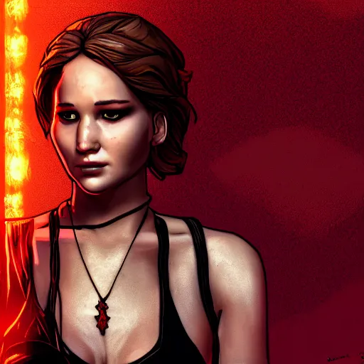 Image similar to jennifer lawrence portrait, borderlands, tales from the borderlands, the wolf among us, comic, cinematic lighting, studio quality, 8 k