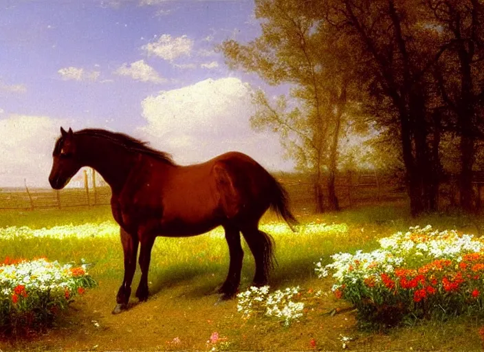Image similar to a painting of a horse in the middle of a field of flowers by Albert Bierstadt
