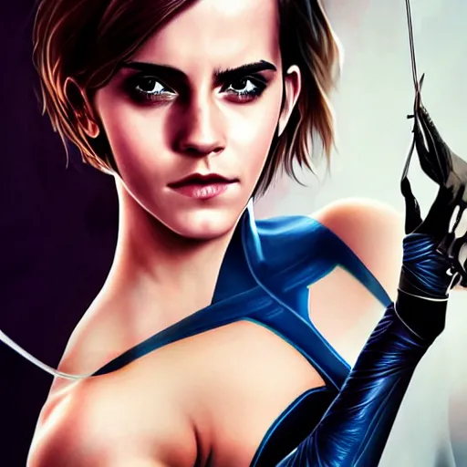 Image similar to emma watson as nightwing, realistic, intricate, elegant, art by artgerm and wlop