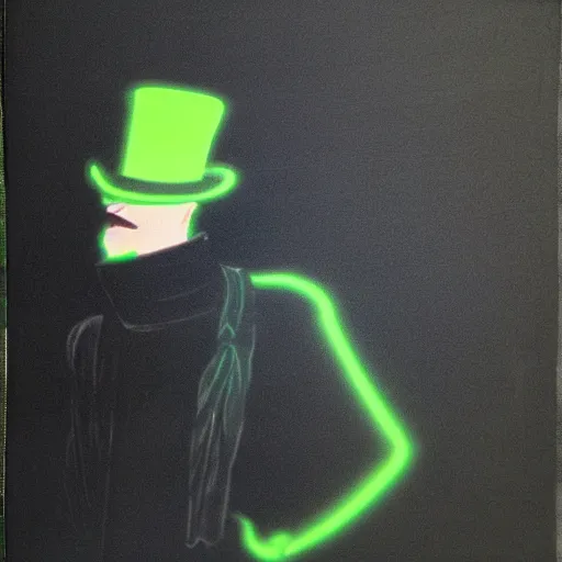 Prompt: man with neon green clothing, a scarf and a tophat sitting down in a black void,