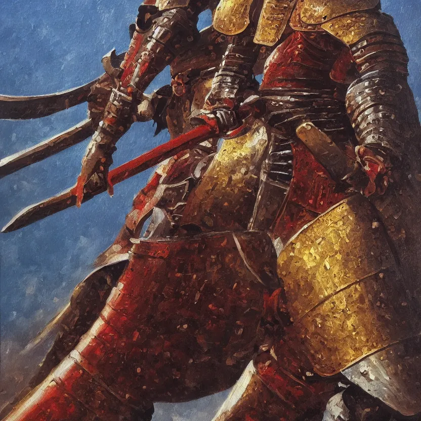 Image similar to a oil painting of an Knight/samurai in a battle ready pose in the style of Jean Giraud detailed realistic High Resolution HD 8k in color