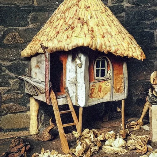 Prompt: a medieval European cottage standing on chicken leg stilts