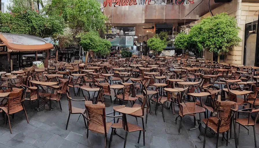 Image similar to a huge pile of chairs along outside the walls of the restaurant, hyperrealistic shaded