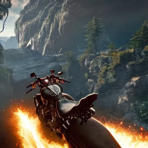 Prompt: kratos, with leviathan axe, jumping a black harley - davidson motorcycle off a cliff, cinematic render, playstation studios official media, god of war 2 0 1 8