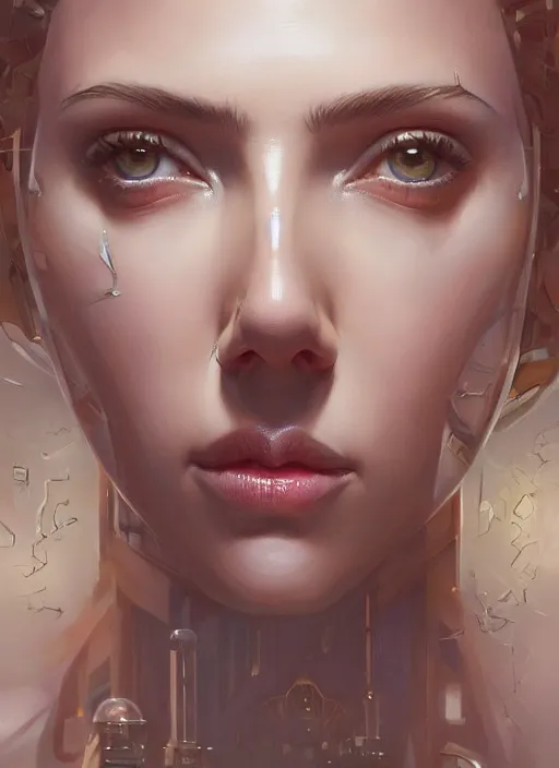 Image similar to symmetry!! scarlett johansson, machine parts embedded into face, intricate, elegant, highly detailed, digital painting, artstation, concept art, smooth, sharp focus, illustration, art by artgerm and greg rutkowski and alphonse mucha, 8 k