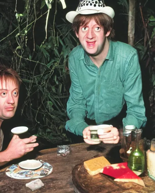 Image similar to rodney trotter drinking milk in a haunted jungle full of cheese at midnight with disco lights and dancing policeman