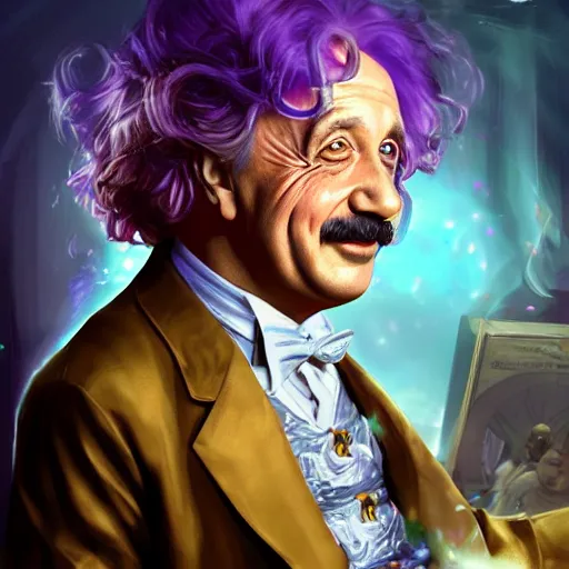 Image similar to portrait of albert einstein as willy wonka, league of legends amazing splashscreen artwork, fantasy, splash art, natural light, elegant, photorealistic facial features, intricate, fantasy, detailed face, atmospheric lighting, anamorphic lens flare, cinematic lighting, league of legends splash art, hd wallpaper, ultra high details by greg rutkowski