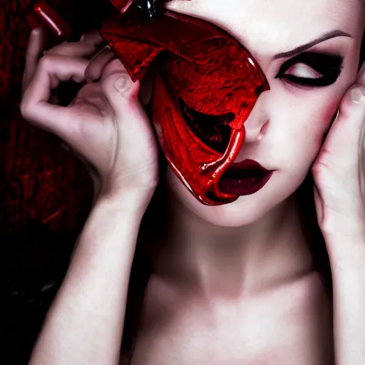 Image similar to Satan, Woman, femme fatale, beautiful, deadly, black, red, photograph, highly detailed, sharp focus,
