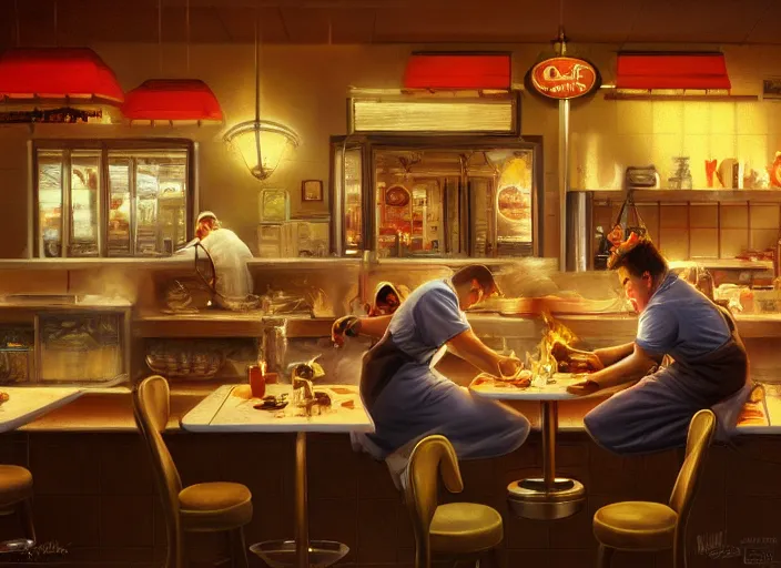 Prompt: a chef at an an americana diner, cosmic horror painting, elegant intricate digital painting artstation concept art by mark brooks and brad kunkle extreme detail 4 k