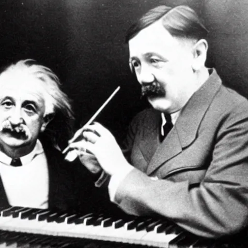 Image similar to “ 1 9 3 3 go pro photo of albert einstein and adolf hitler playing a duet on piano, award winning ”