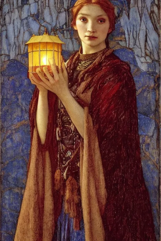 Image similar to portrait of the last witch of the dawn mountains with her lantern and regalia, by Annie Swynnerton and Nicholas Roerich and John Bauer and John William Godward and Donato Giancola and Vermeer, embroidered velvet, iridescent beetles, rich color, ornate headdress, flowing robes, lost runes, ancient civilizations, dramatic cinematic lighting, featured on Artstation, extremely detailed