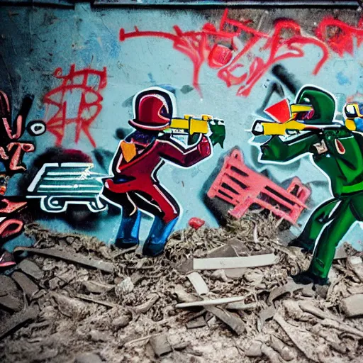 Image similar to toy soldiers fighting in an abandoned graffiti subway