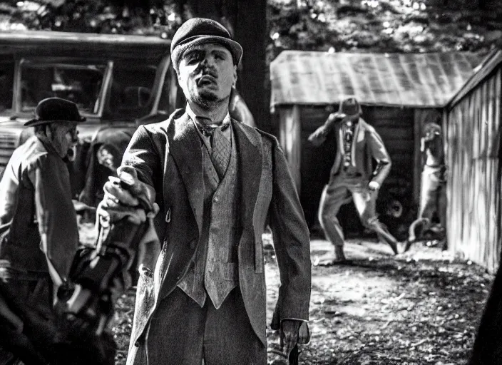 Image similar to an action scene from the movie scarface, medium long shot, costumes from peaky blinders, filmed in the dark woods, a cabin in the background, leonardo dicaprio and daniel day - lewis, sharp eyes, serious expressions, detailed and symmetric faces, black and white, cinematic, epic,