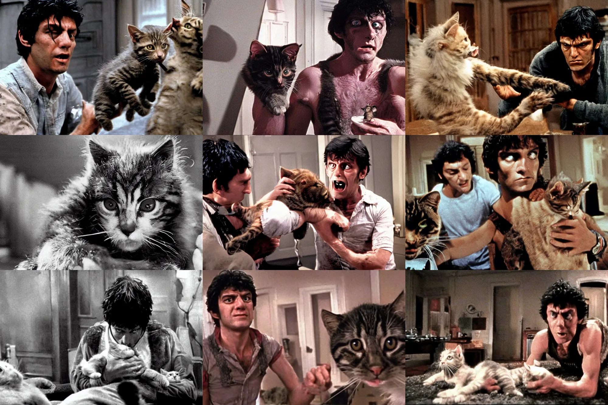 Prompt: a scene from American werewolf in london with a man turning into a kitten