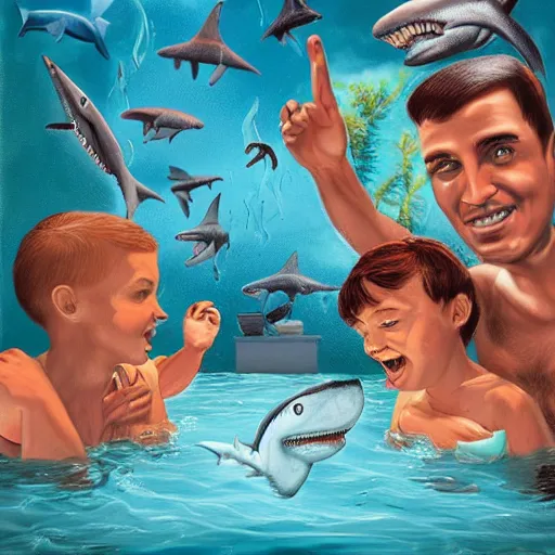 Image similar to sharks in a pool with a family outside during a cook out, in the style of ron english, in the secondary style of matt bors, by david wojnarowicz, shock art, poster art, 8 k concept art, trending on behance