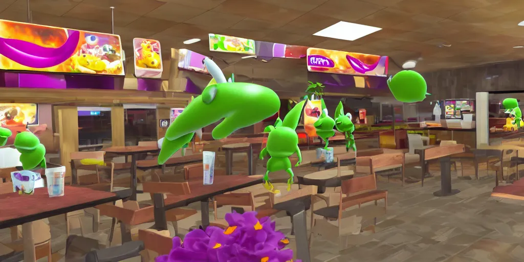 Image similar to pikmin inside of taco bell, realistic, found footage