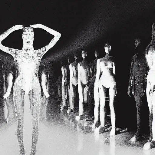 Prompt: bella hadid as maison margiela model on rammstein show. alexander mcqueen best fashion performance. exposure. mysterious. tape photo. processing. lost photo. deep dream effect. award wining photography.. perfect composition. photography masterpiece. ominous valley effect. vfx.