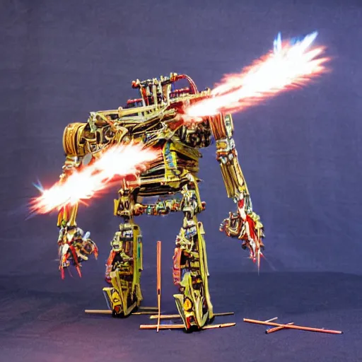 Image similar to ultra high detailed mechanical bot constructed from tiny Match sticks in a epic scenario from guardians of the galaxy, from pacific rim