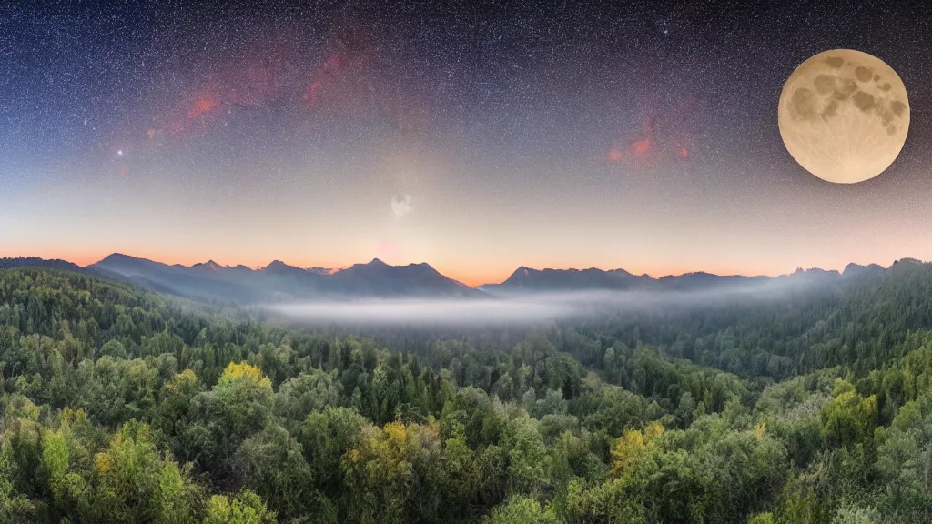 Image similar to Panoramic photo where the mountains are towering over the valley below their peaks shrouded in mist. The moon is just peeking over the horizon and the sky is covered with stars and clouds. The river is winding its way through the valley and the trees are starting to turn yellow and red