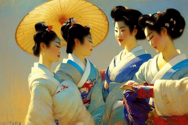 Prompt: three geisha's, vibrant colors and hard shadows and strong rim light, light blue sky, cool white color temperature, painting by gaston bussiere, craig mullins, j. c. leyendecker