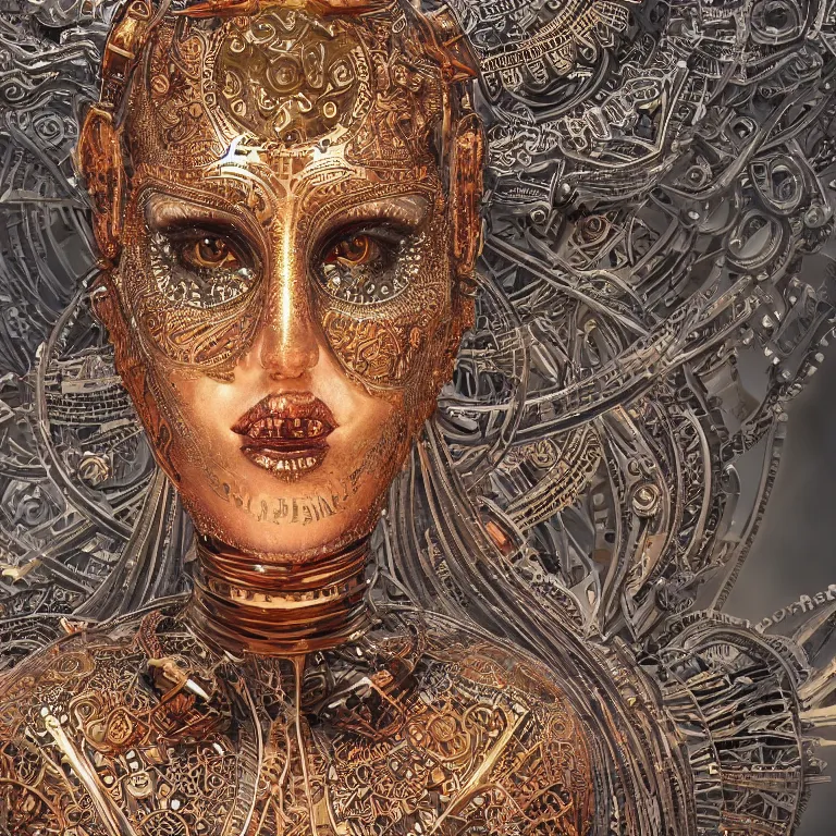 Image similar to octane render portrait by wayne barlow and carlo crivelli and glenn fabry, a high - end chrome clockwork automaton with intricate gold and silver detailing in the style of henna face tattoos, inside a wide mandala pattern made out of colorful flames, volumetric lighting and light rays, cinema 4 d, ray traced lighting, very short depth of field, bokeh