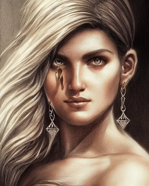 Prompt: tattoo sketch of beautiful greek goddess aphrodite with arrowhead earrings, beautiful piercing eyes, flowing blonde hair, realistic face, hyper realistic, in the style of greg rutkowski, fantasy, amazing detail, epic, intricate, elegant, smooth, sharp focus