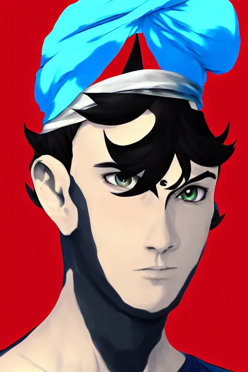 Image similar to A young man wearing a blue turban, beardless, shaven face, middle-eastern, in the style of Persona 5, Persona 5, Persona 5 artwork