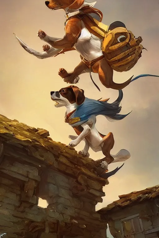 Prompt: adorable jack russel terrier jumping over a small house, fantasy art, artstation character design contest winner, trending on cgsociety, concept art, speedpaint, beautiful digital art, jesper ejsing, james jean, justin gerard, fenghua zhong, makoto shinkai, highly detailed