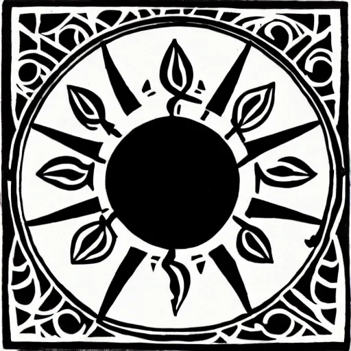 Image similar to tattoo design, stencil, a single eye in the centre of the sun with ancient symbols flowing around it