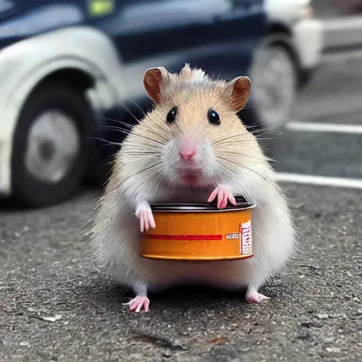 Prompt: “ hamster dressed as a homeless person sitting at an intersection with arms stretched out holding a tin can ”