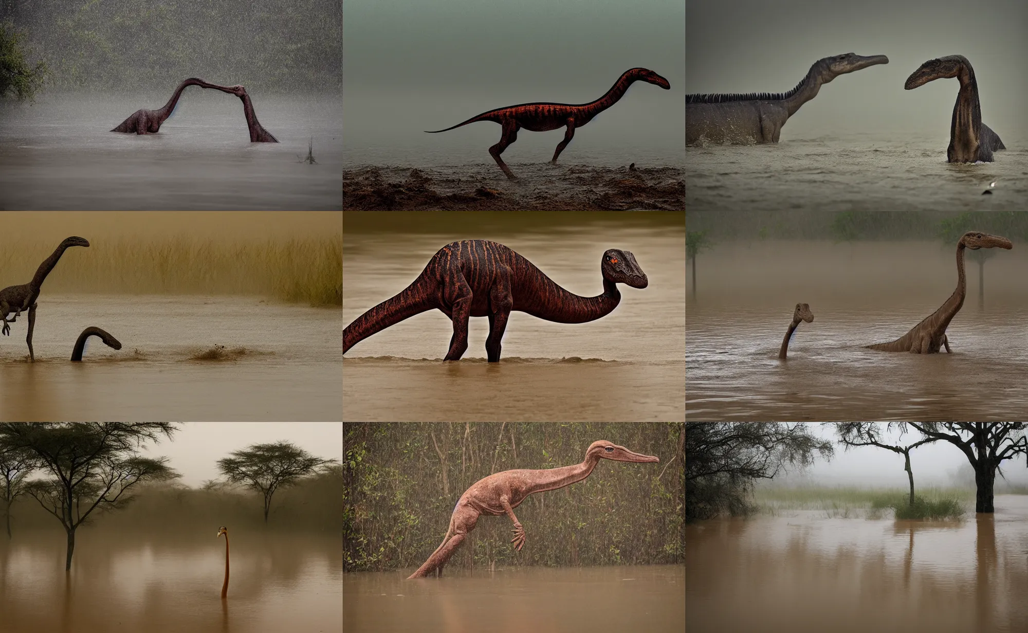 Prompt: nature photography of a long necked dinosaur in flood waters, african savannah, rainfall, muddy embankment, fog, digital photograph, award winning, 5 0 mm, telephoto lens, national geographic, large eyes