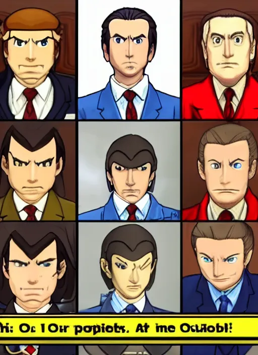 Image similar to portrait of saul goodman as phoenix wright in court, objection, phoenix wright ace attorney screenshot, nintendo ds screenshot