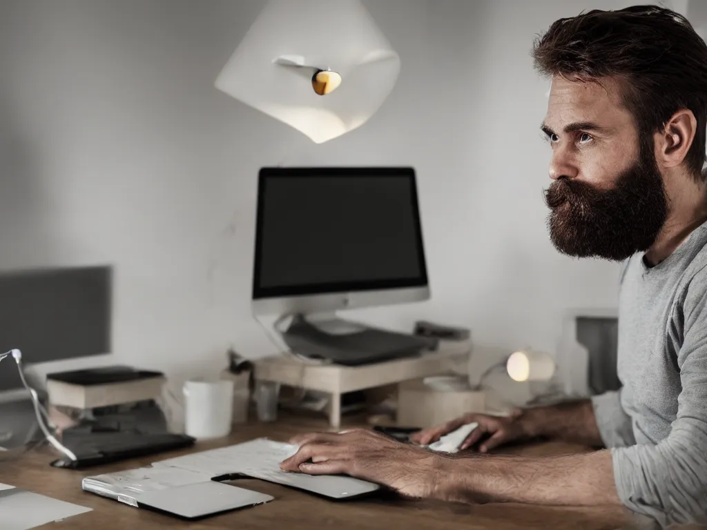 Image similar to man's bearded face lit up by the glow of laptop and monitor screen as works late at night at desk, photorealistic