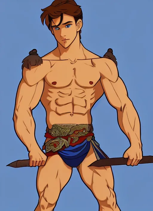 Prompt: cute muscular jack laugher wearing barbarian tunic, natural lighting, path traced, highly detailed, high quality, digital painting, by don bluth and ross tran and studio ghibli and alphonse mucha, artgerm