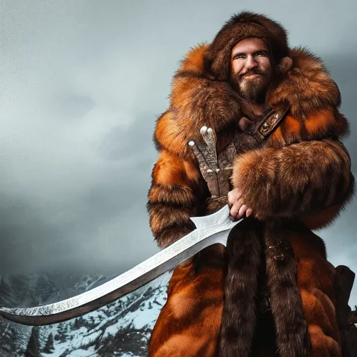 Image similar to a dnd barbarian wearing a fur coat, shoulder armor and holding an axe, high resolution film still, 4k, HDR color