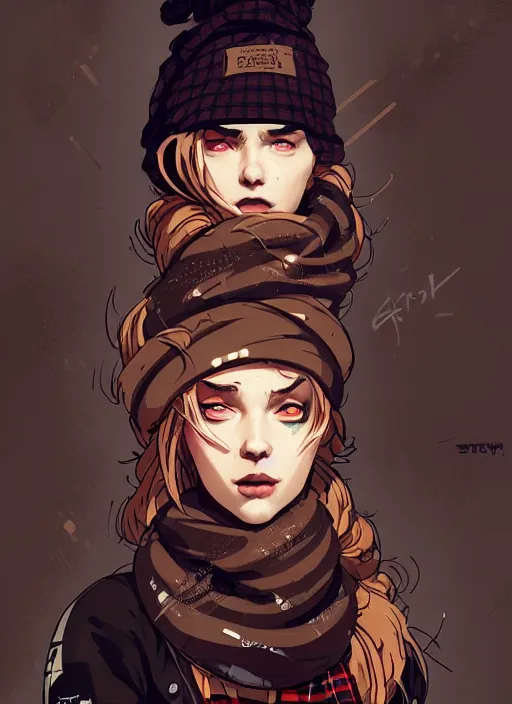 Image similar to highly detailed portrait of a sewer punk lady student, beanie, tartan scarf, wavy blonde hair by atey ghailan, by greg rutkowski, by greg tocchini, by james gilleard, by joe fenton, by kaethe butcher, gradient red, black, brown and cream color scheme, grunge aesthetic!!! graffiti tag wall background