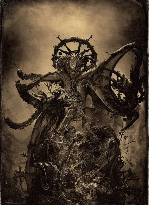 Image similar to old wetplate daguerreotype demons, devil, pain, anger, desolation, angel, explosion of data fragments, fractal, intricate, elegant, highly detailed, parallax, leica, medium format, subsurface scattering, by jheronimus bosch and greg rutkowski and louis jacques mande daguerre, brom