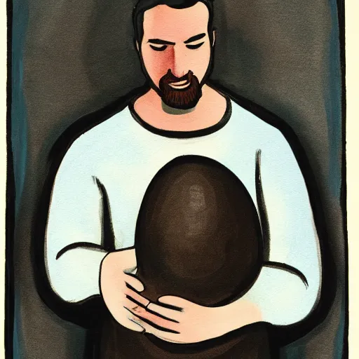 Prompt: man cries while holding giant egg sitting on the kitchen floor at night, painting, somber, moody lighting