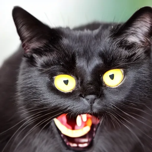 Prompt: angry black cat mouth open wide view