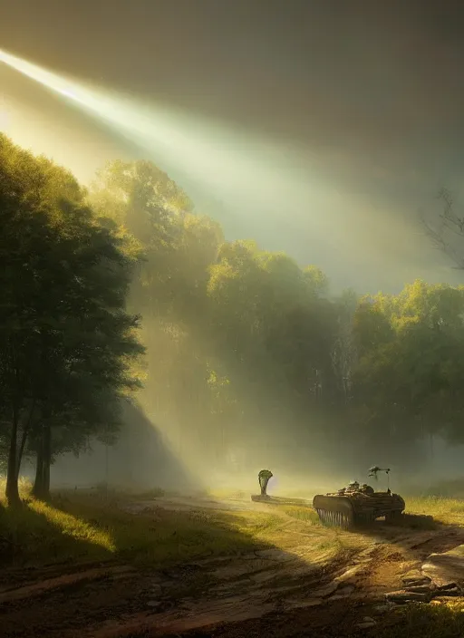 Image similar to rural wisconsin after robot apocalypse, mist, sunrays, dust in the air, dnd character, unreal engine, octane render, dramatic lighting, pond, digital art, by stanley artgerm lau, greg rutkowski, thomas kindkade, alphonse mucha, loish, norman rockwell,