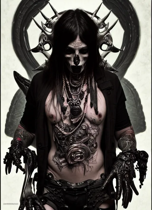 Image similar to ultra realistic, male human predator, goth, tattoos, leather, fantasy, flesh, bone, body horror, intricate details, eerie, highly detailed, octane render, 8 k, art by artgerm and alphonse mucha and greg rutkowski