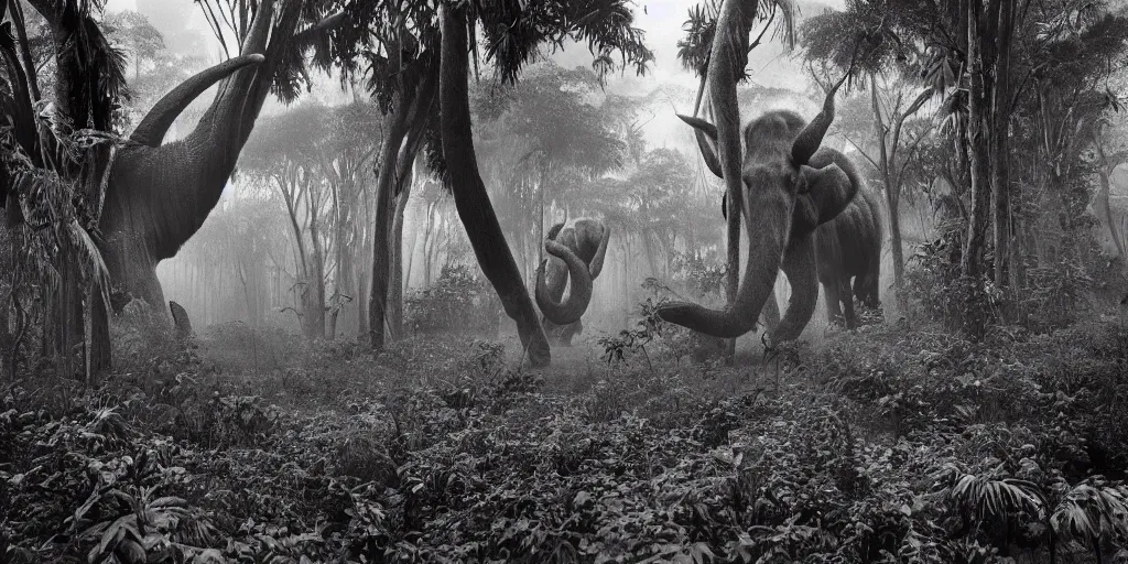Image similar to a Sebastião Salgado's photograph of a mammoth walking in a dense tropical forest, 4k, award wining